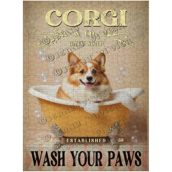 Relaxing 500 Piece Wooden Puzzle Corgi Wash Your Paws Scene Playful Dog Art for Adults' Screen-Free Hobby & Wall Dcor