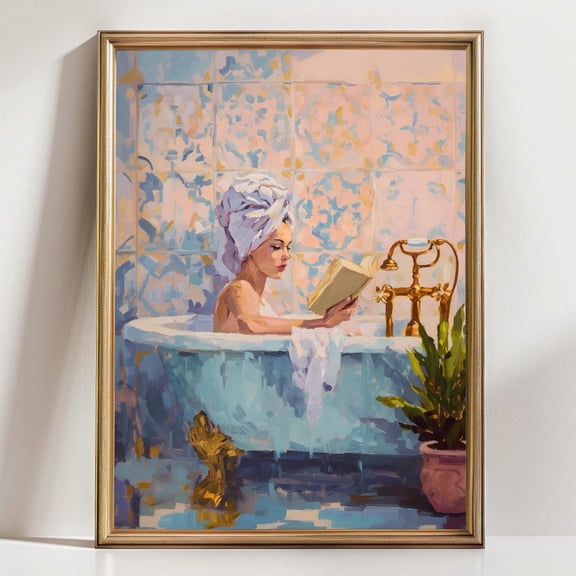 Relaxing Bath Reading Art Woman in Clawfoot Tub Cozy Bathroom Spa Aesthetic, Unframed Paper Poster 8x10in