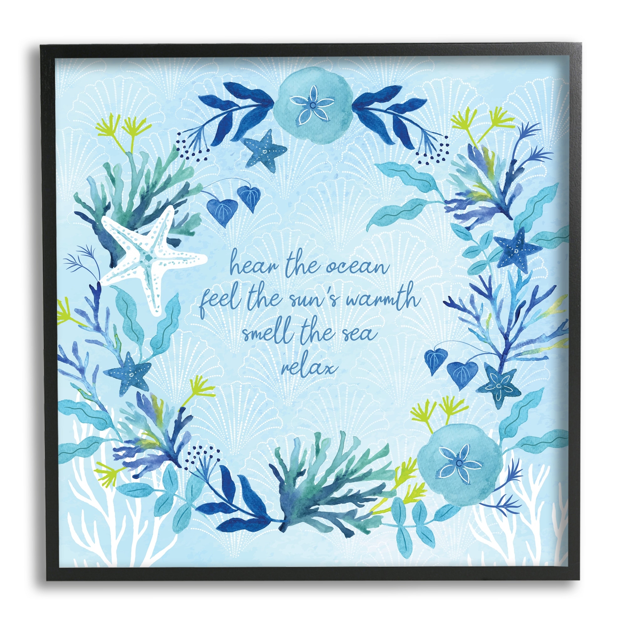 Relaxing Beach Quote Sea Life Botanical Wreath Coastal Graphic Art Framed Art Print Wall Art