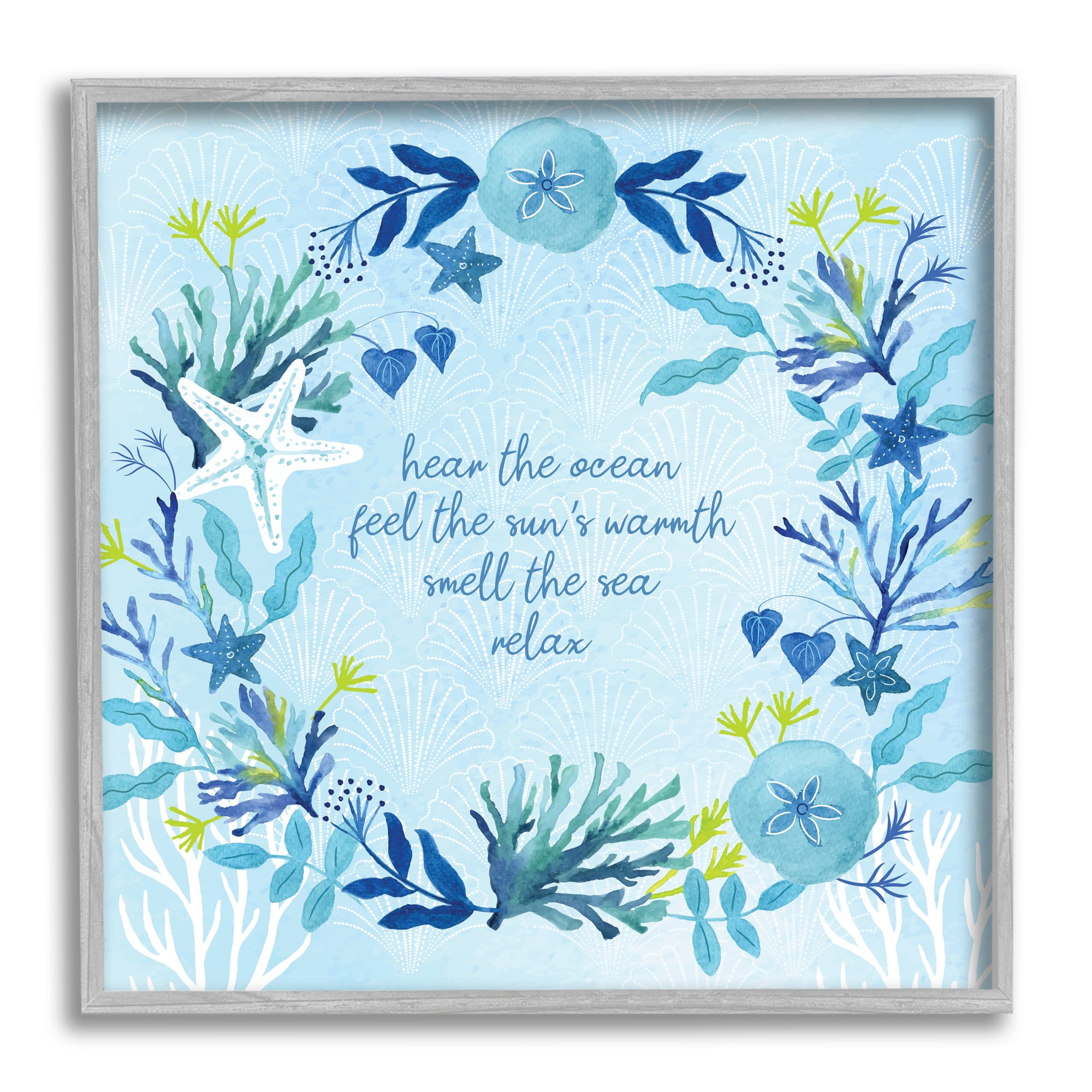 Relaxing Beach Quote Sea Life Botanical Wreath Coastal Graphic Art Framed Art Print Wall Art