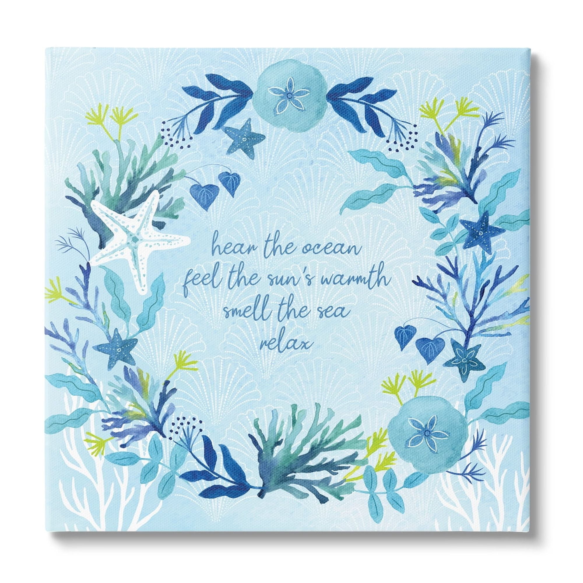 Relaxing Beach Quote Sea Life Botanical Wreath Coastal Graphic Art Gallery-Wrapped Canvas Print Wall Art