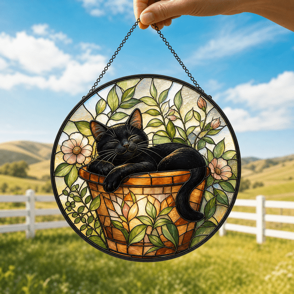 Relaxing Cat Stained Glass Suncatcher Window Hanging Gift for Cat Lovers