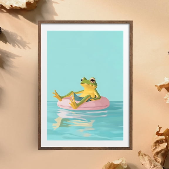 Relaxing Frog Pool Art, Cute Frogsummer Frog Poster, Frog On Float Print, Fun Poolside Decor, Whimsical Frog Wall Art, Modern Wall Decor, 8x12 UNFRAMED