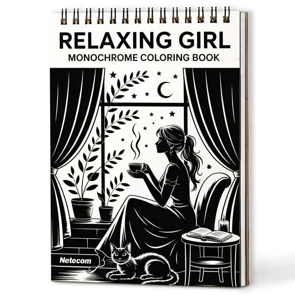Relaxing Girl Monochrome Coloring Book Spiral Bound for Adults, A5 Wooden Cover, One-Color Illustrations with Daily Activities, Everyday Moments, Peaceful Scenes
