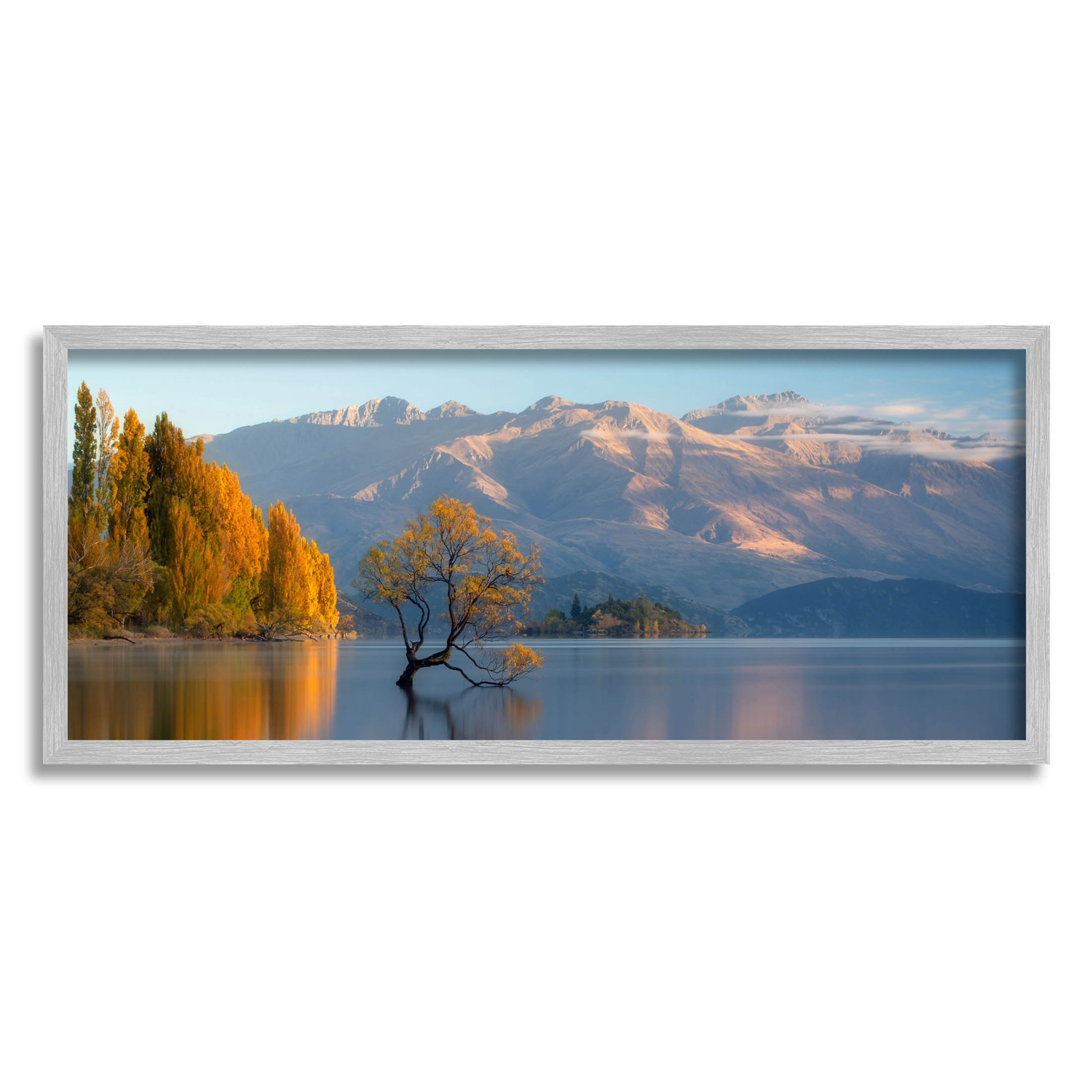 Relaxing Lake Reflection Distant Mountains Landscape Photograph Gray Framed Art Print Wall Art