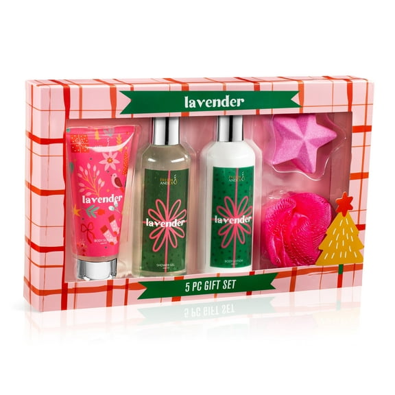 Lavender Spa Gift Set for Women, Includes Shower Gel, Body Lotion, Body Scrub, Bath Fizzer, Bath Sponge, Aromatherapy Self-Care Kit for Birthday, Thank You, Get Well