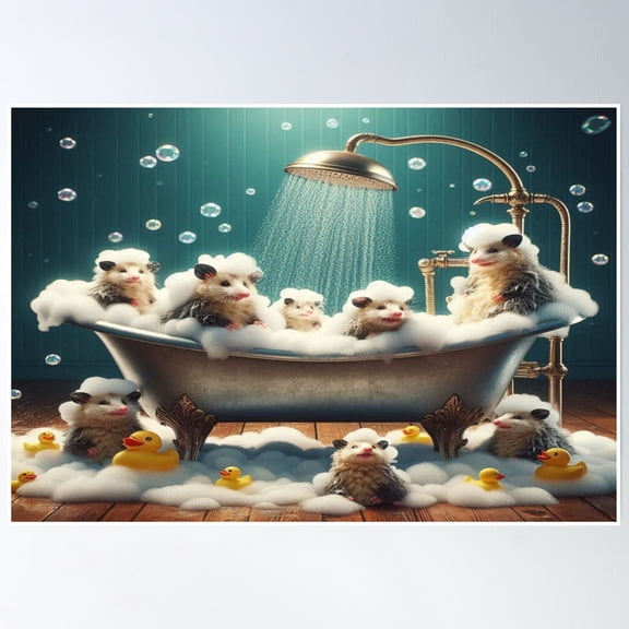 Relaxing Possums In Bathtub With Rubber Ducks – Cute Animal Bath Time Art Poster Wall Art Modern Wall Decor