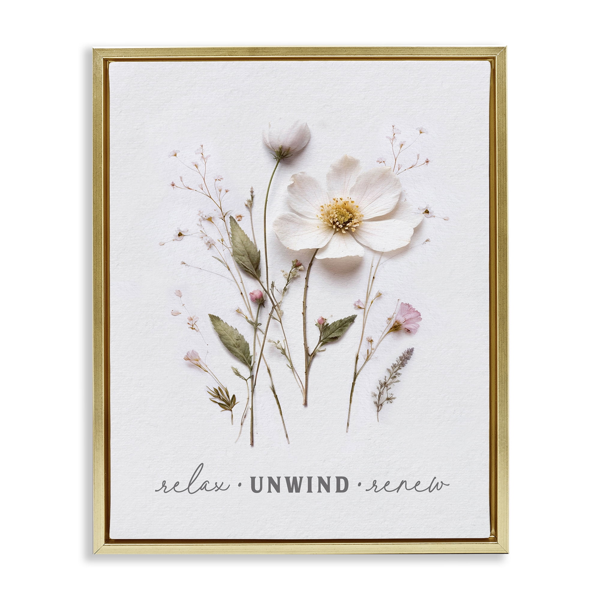 Relaxing Pressed Flowers Gold Framed Floater Canvas Wall Art, design by Lettered and Lined