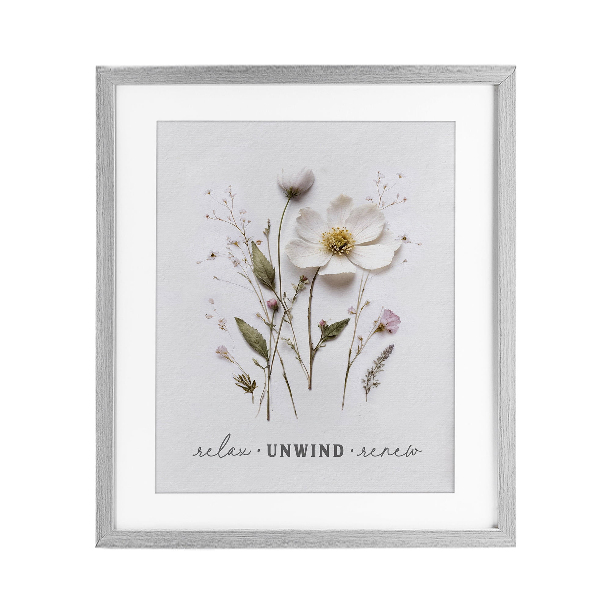 Relaxing Pressed Flowers Gray Framed Print Under Glass, design by Lettered and Lined