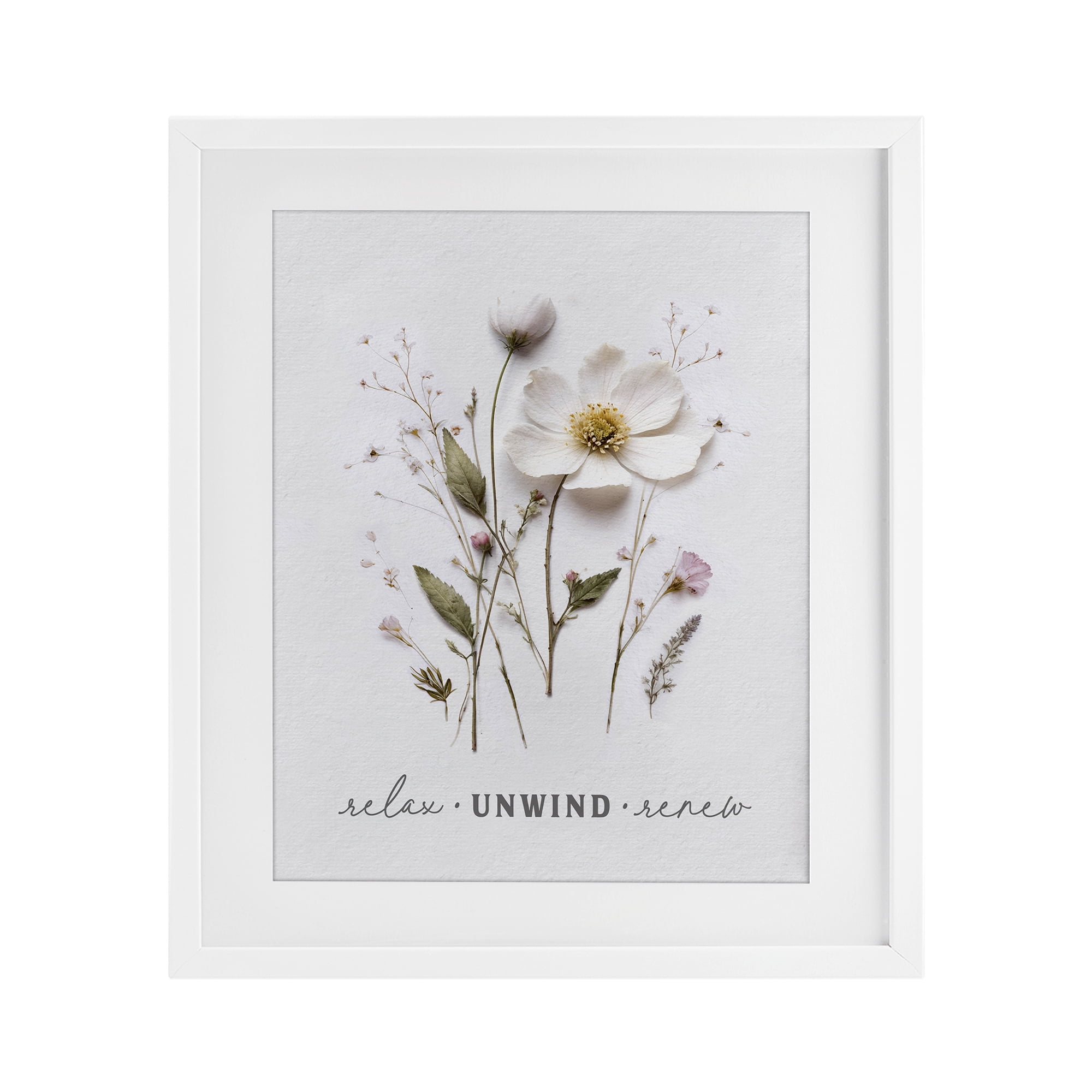 Relaxing Pressed Flowers White Framed Print Under Glass, design by Lettered and Lined