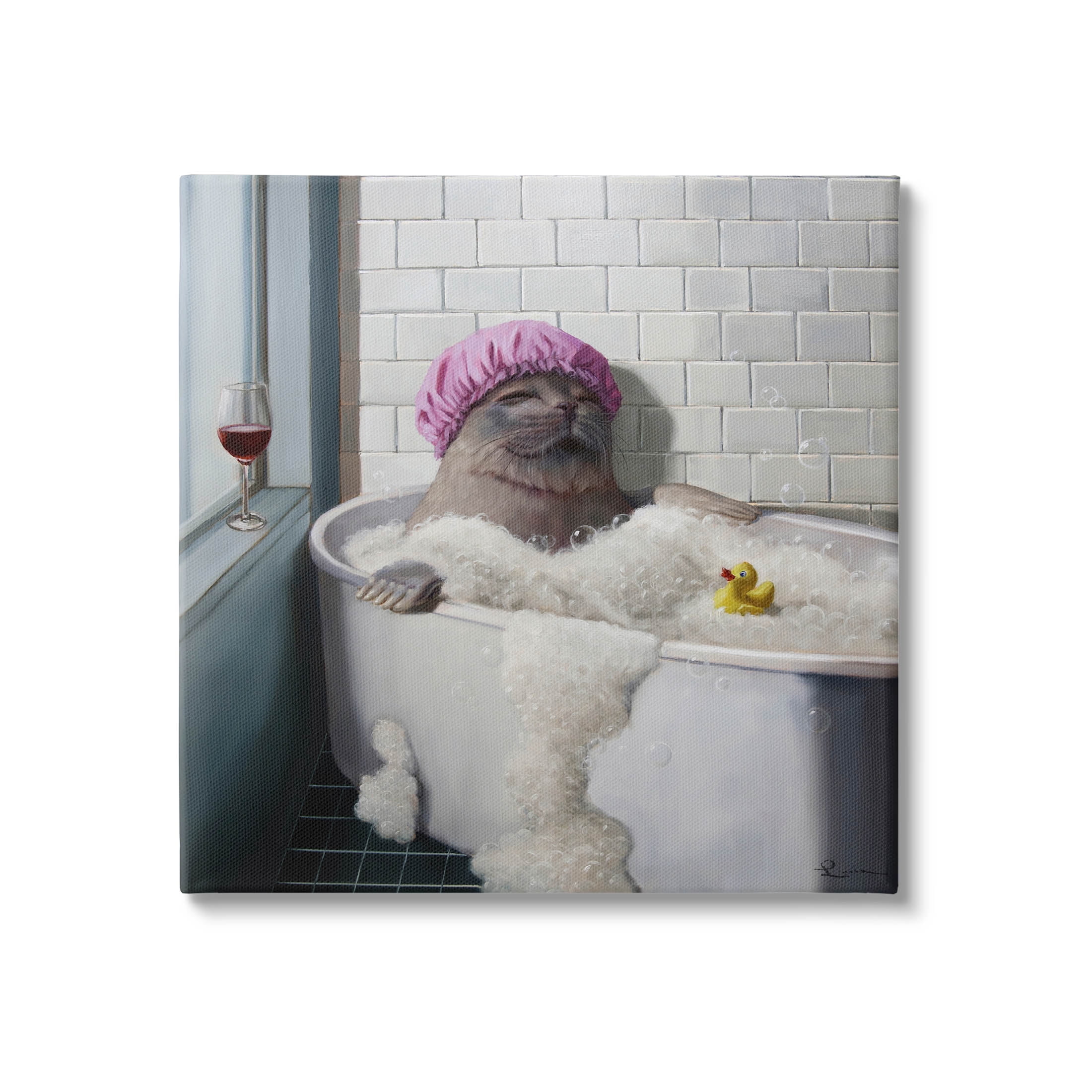 Relaxing Seal Bathtub Wine Glass Animals & Insects Graphic Art Gallery Wrapped Canvas Print Wall Art