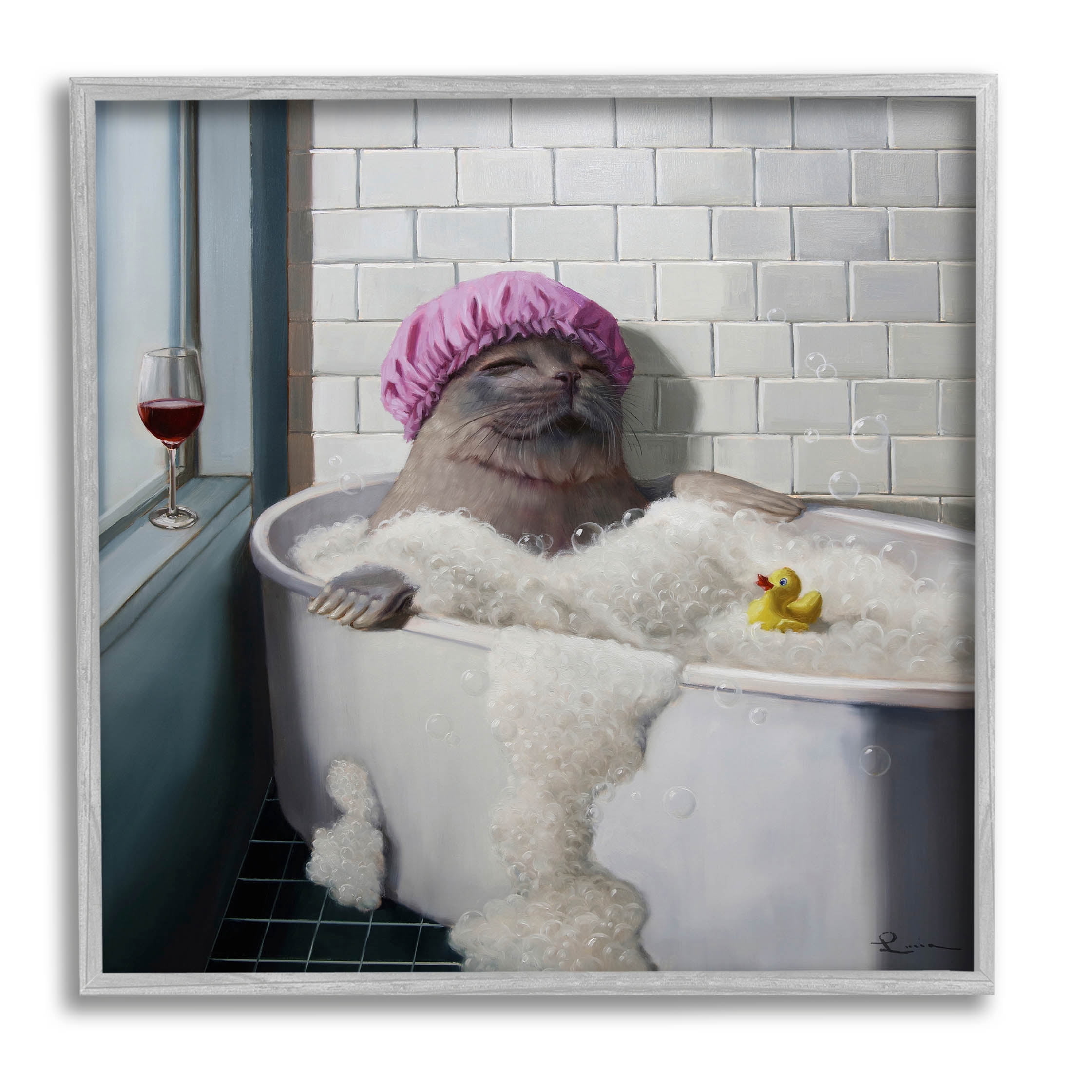 Relaxing Seal Bathtub Wine Glass Animals & Insects Graphic Art Gray Framed Art Print Wall Art