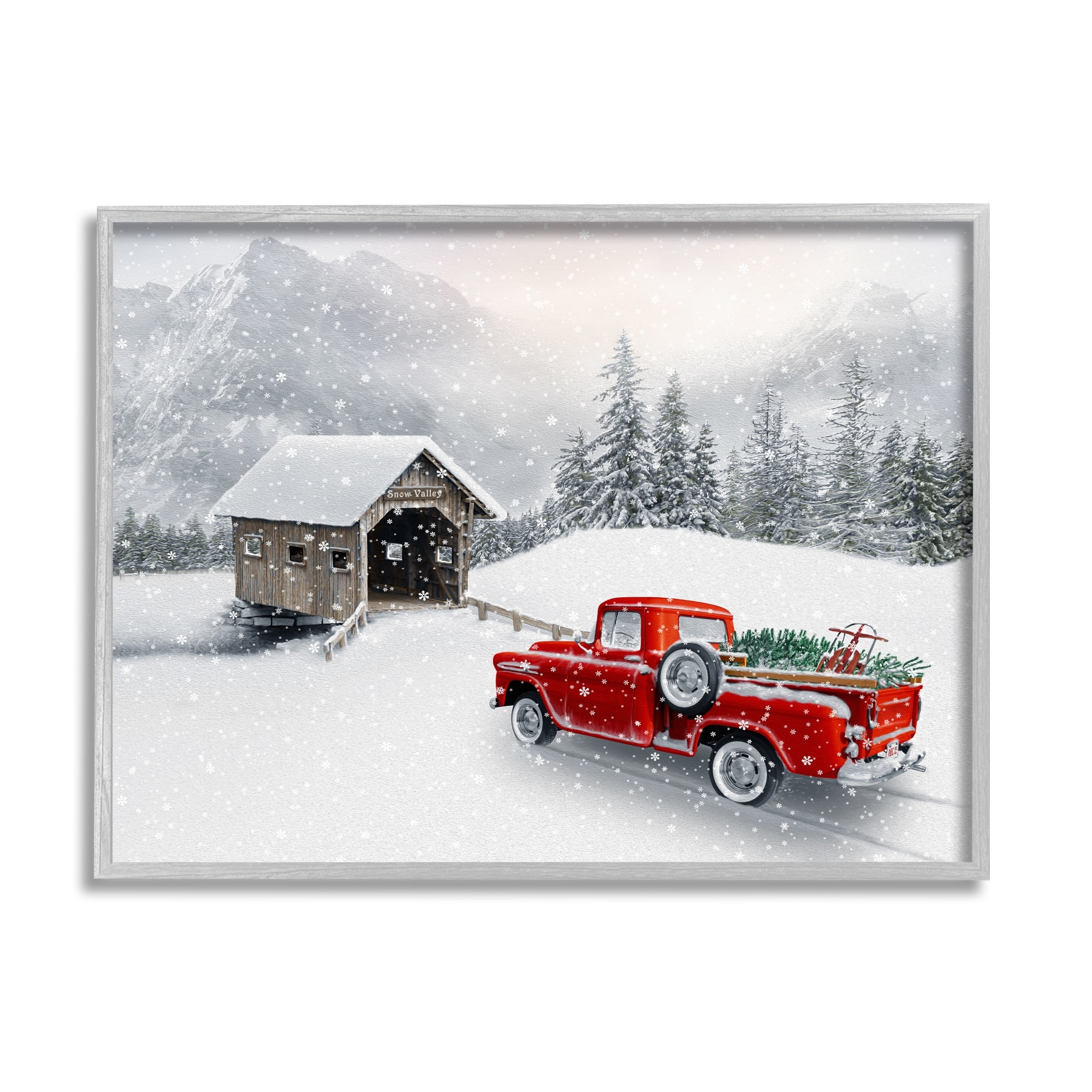 Relaxing Snowcapped Mountain Scenery Vintage Red Truck Transportation Painting Framed Art Print Wall Art