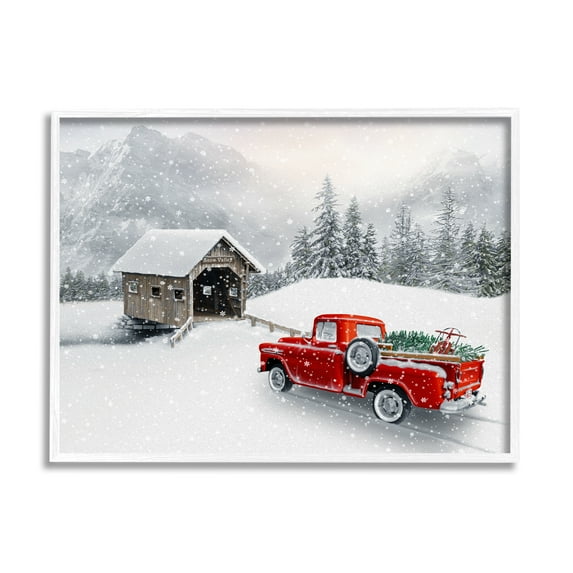 Relaxing Snowcapped Mountain Scenery Vintage Red Truck Transportation Painting Framed Art Print Wall Art