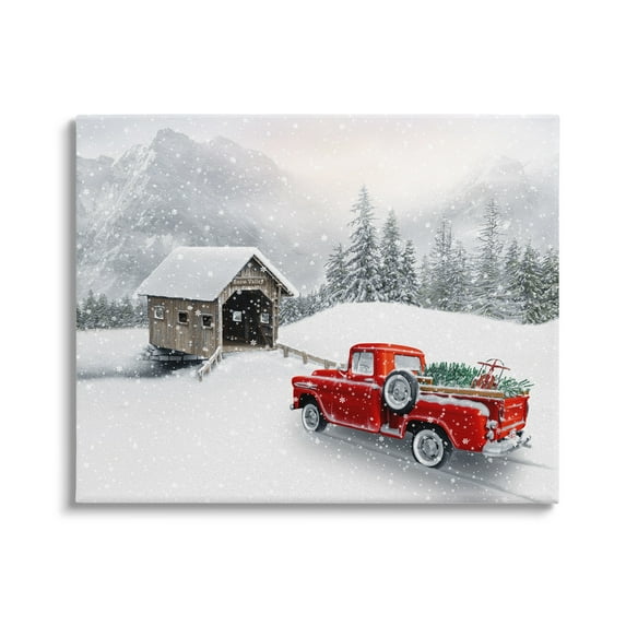 Relaxing Snowcapped Mountain Scenery Vintage Red Truck Transportation Painting Gallery-Wrapped Canvas Print Wall Art