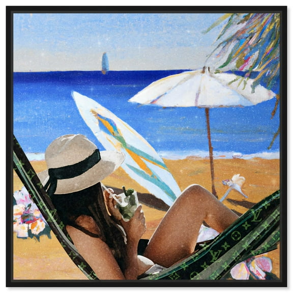 Relaxing Sunny Beach View Chic Coastal Canvas Wall Art by Art Remedy, Black Floater Frame, 12"x12"