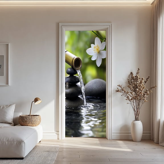 Relaxing Zen Spa Door Sticker - Self-Adhesive PVC Bamboo Fountain & Stone Scene Decal, Instantly Transform Your Bathroom