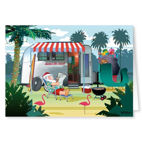 Relaxing in Warm Weather - Santas Camper - Christmas Card - 18 Cards/ 19 Envelopes