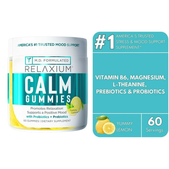 Relaxium Calm Gummies - Calm, Gut Health + Immune Support, Developed in the USA, with Vitamin B6, Magnesium, L-Theanine + Prebiotic & Probiotic Blend, Lemon Flavor, 60 Gummies