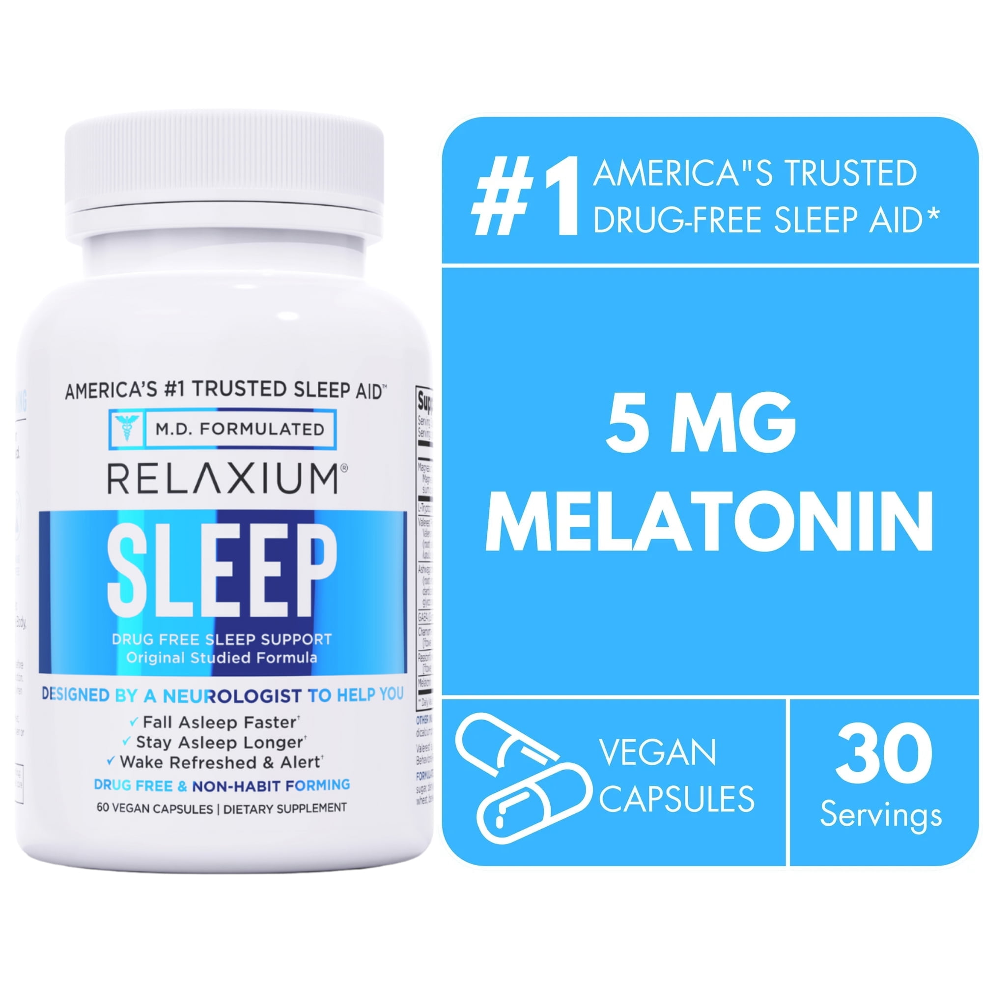 Relaxium Sleep Aid for Adults, Melatonin 5mg with Magnesium Glycinate, Sleep-Promoting Valerest & Ashwagandha, Non-Habit Forming Sleep Supplement, 60 Vegan Capsules, 30-Day Supply