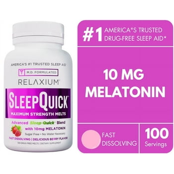 Relaxium Sleep Melts Maximum Strength with 10mg Melatonin, Ashwagandha & Magnesium Glycinate – Fast Acting Sleep Aid, Vegan, Gluten Free, Berry Flavor, 100 Count, Made in USA