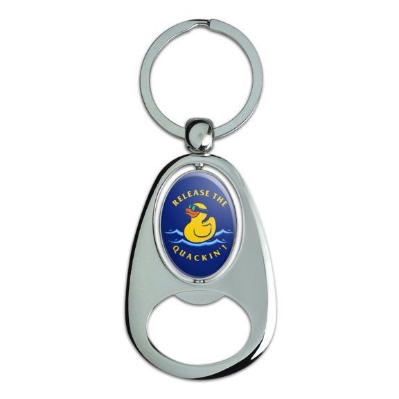 Release The Quackin' Kraken Rubber Duck Funny Humor Keychain Chrome Metal Spinning Oval Bottle Opener