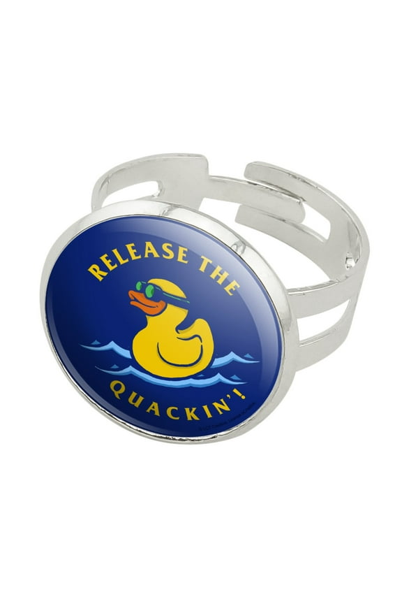 Release the Quackin' Kraken Rubber Duck Funny Humor Silver Plated Adjustable Novelty Ring