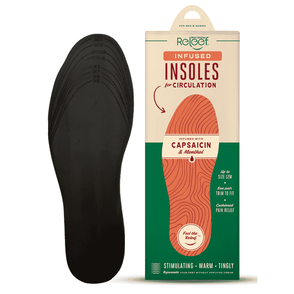 Circulation Relief Infused Insoles for Men and Women | Capsaicin and Menthol Cushioned Shoe Inserts | Shock Absorbing Latex Free | Trim to Fit Up to Size 13 | All-Day Foot Support