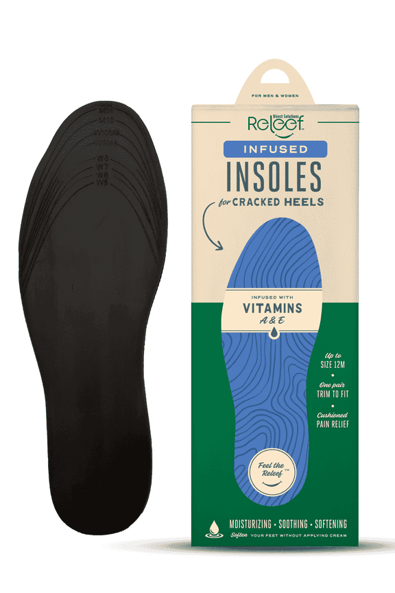 Cracked Heel Relief Infused Insoles for Dry Feet | Vitamin A & E Infused Moisturizing Shoe Inserts | Latex-Free Shock Absorbing Cushion | Trim to Fit Up to Size 13 Boots, Sneakers, Flats & Slippers
