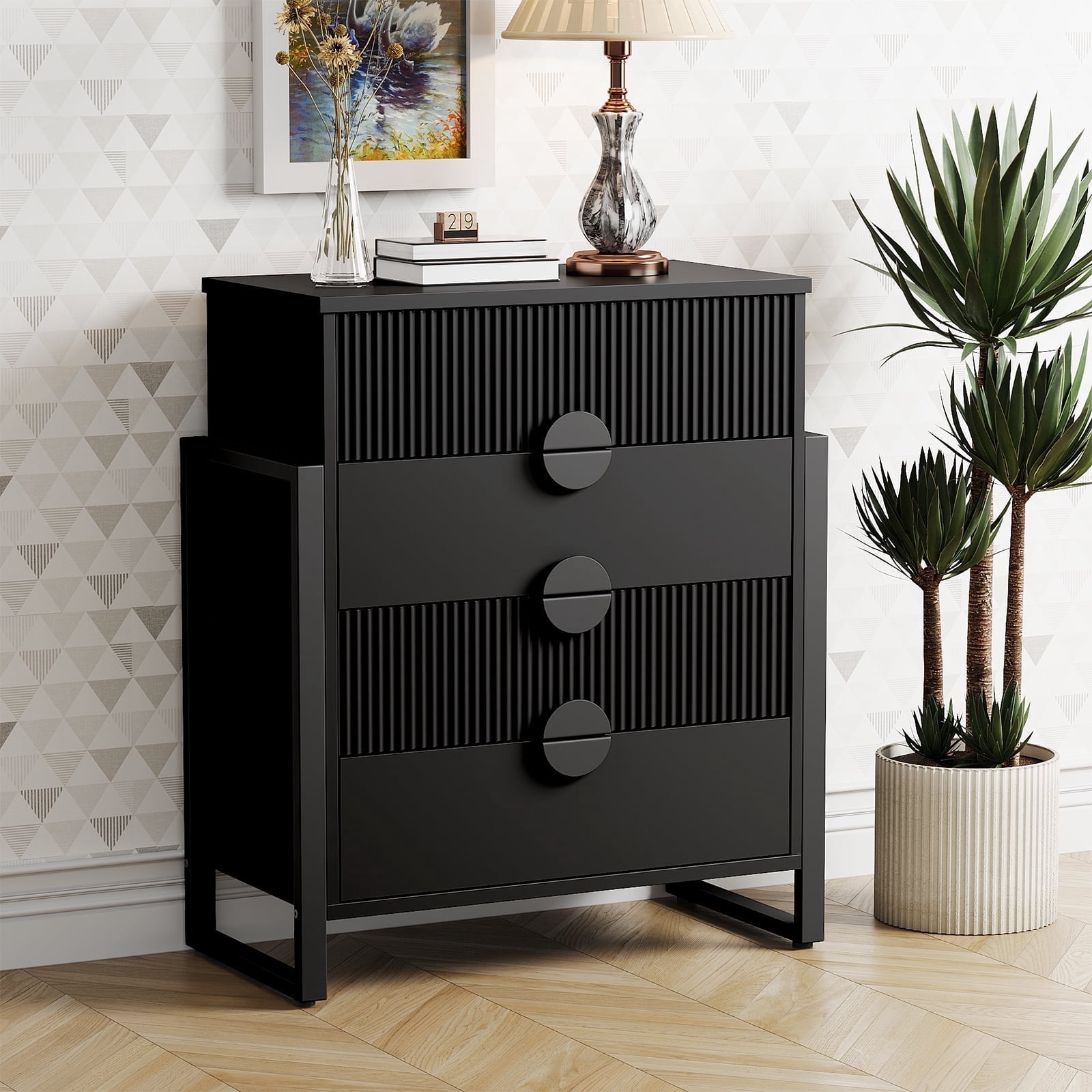 Holliwill 4 Drawer Dresser for Bedroom, Tall Fluted Dresser Chest of Drawers for Living Room, Hallway, Black