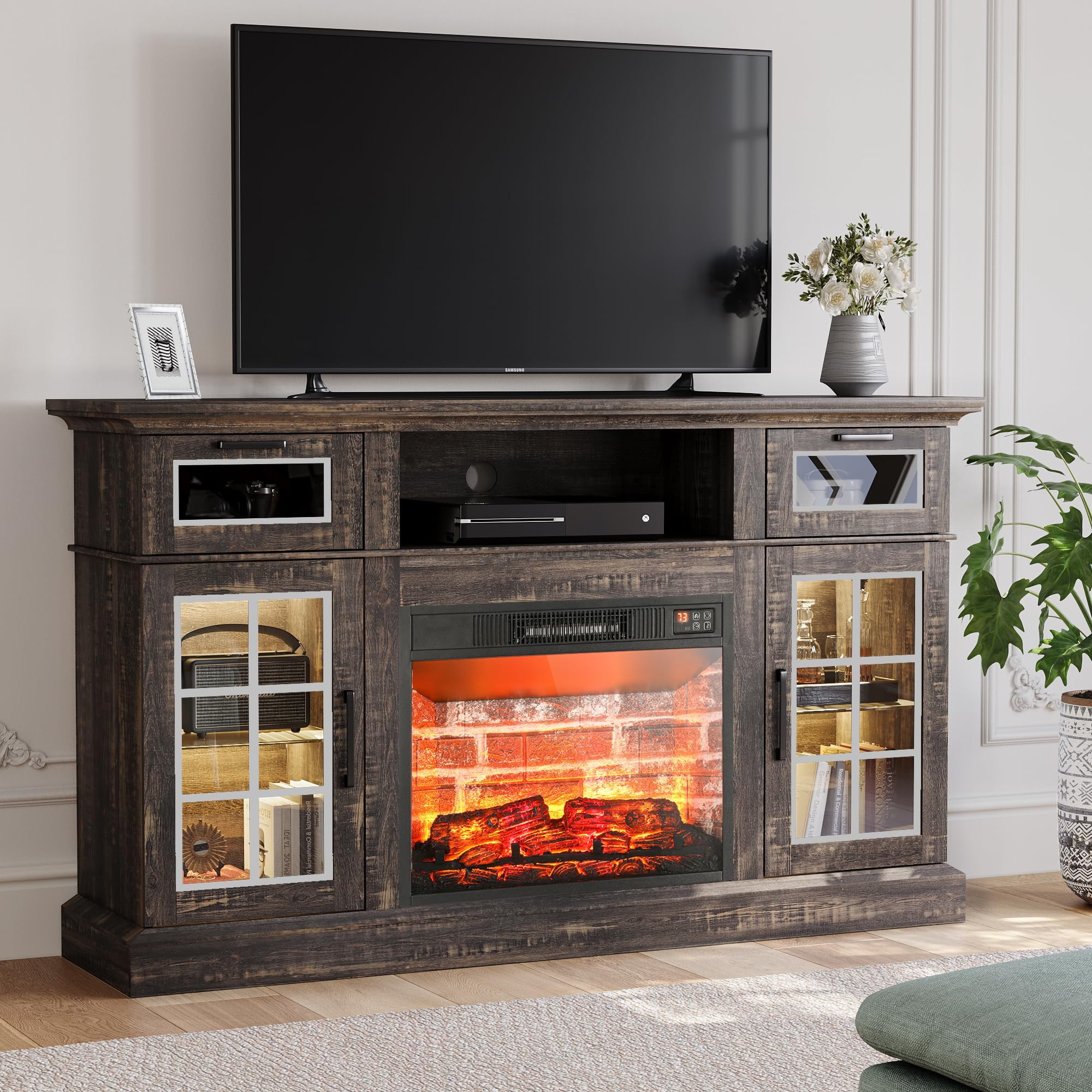 Relefree 58 in LED TV Stand with 23" Electric Fireplace for 65 in TV