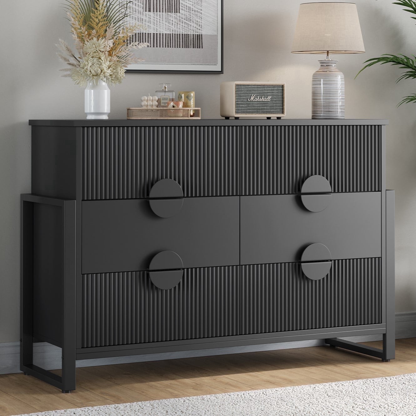 Holliwill 6 Drawer Dresser for Bedroom, Fluted Dresser Chest of Drawers for Living Room, Hallway, Black
