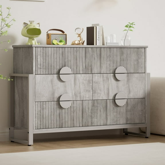 Relefree 6 Drawer Dresser for Bedroom, Fluted Dresser Chest of Drawers for Living Room, Hallway, Gray