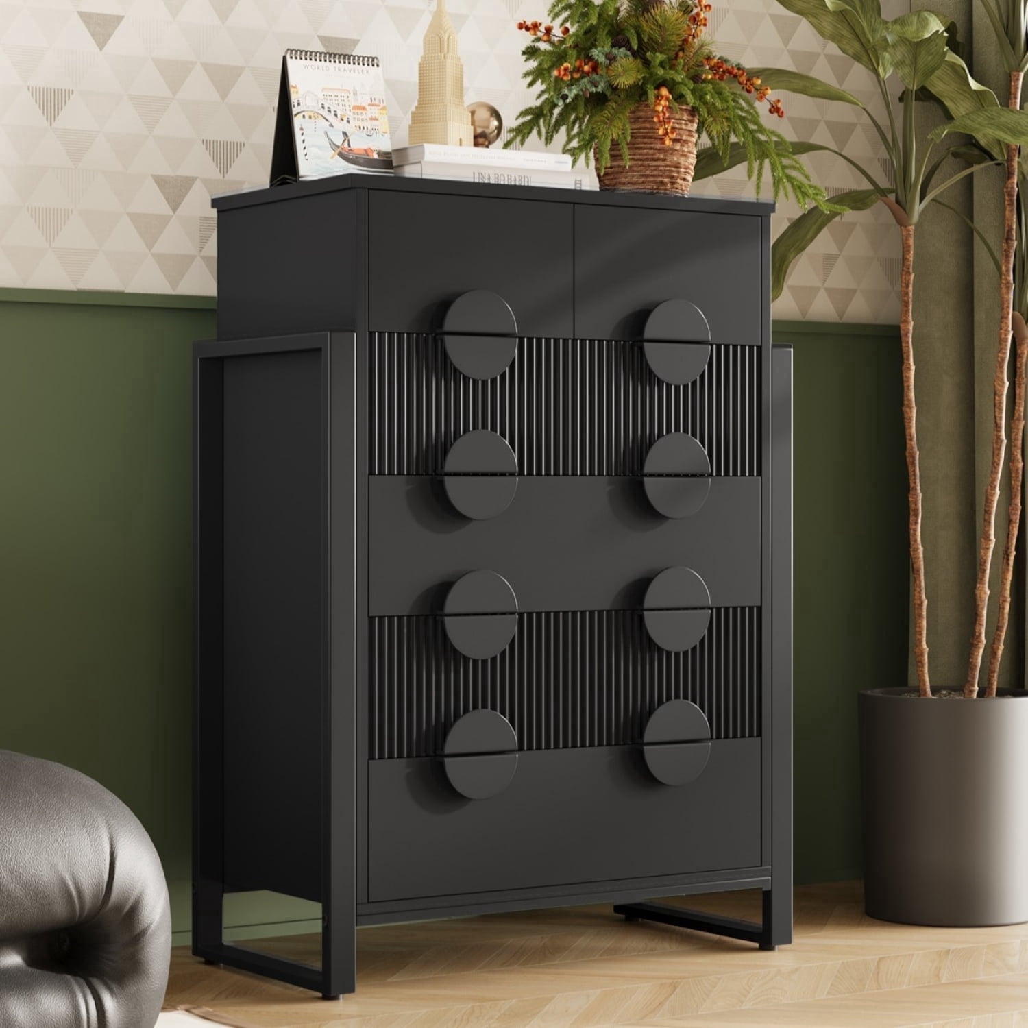 Holliwill 6 Drawer Dresser for Bedroom, Tall Fluted Dresser Chest of Drawers for Living Room, Hallway, Black