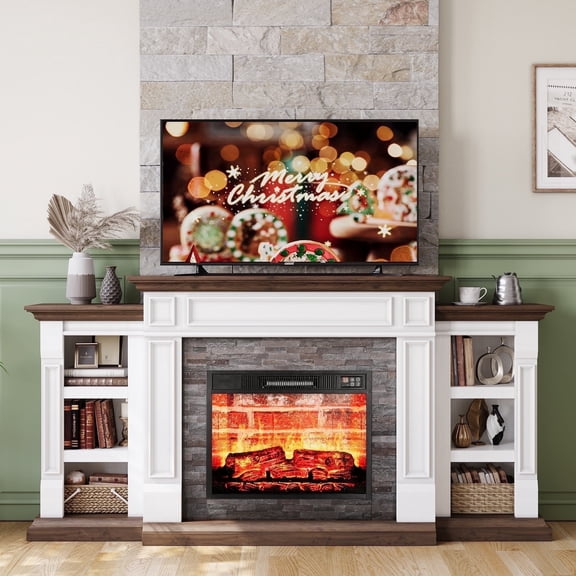 Holliwill 70" Electric Fireplace with Mantel, Farmhouse TV Stand for TVs up to 80 in, White & Brown