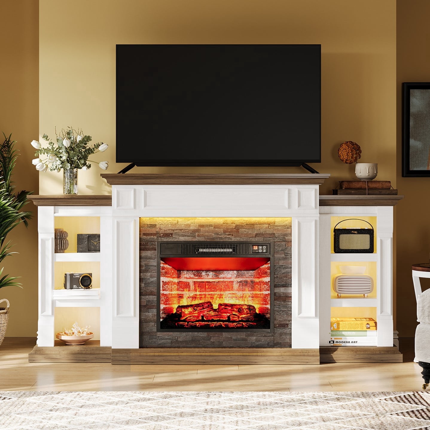 Holliwill 71" Fireplace Mantel, TV Stand Entertainment Center for TVs up to 80" with 23" Electric Heater & LED Light, White Brwon
