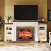 Holliwill 71" Fireplace Mantel, TV Stand Entertainment Center for TVs up to 80" with 23" Electric Heater & LED Light, White Brwon