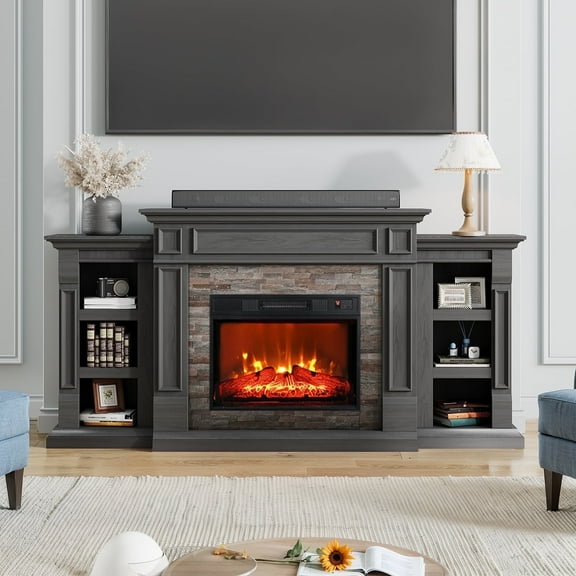 Holliwill 72" Electric Fireplace with Mantel, Farmhouse TV Stand for TVs up to 80", Entertainment Center with 23" Fireplace Insert Heater for Living Room, Bedroom, Black