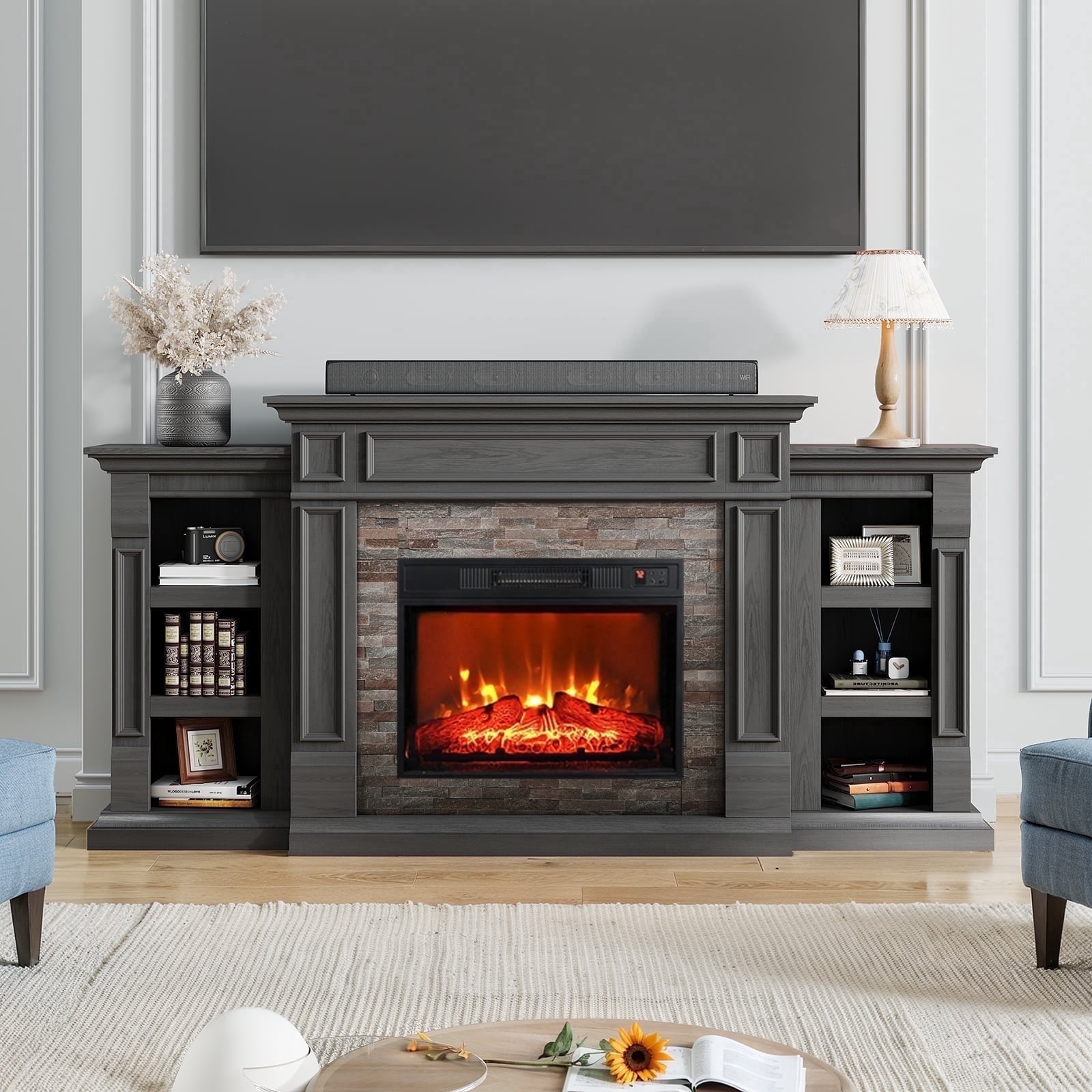Holliwill 72" Electric Fireplace with Mantel, Farmhouse TV Stand for TVs up to 80", Entertainment Center with 23" Fireplace Insert Heater for Living Room, Bedroom, Black