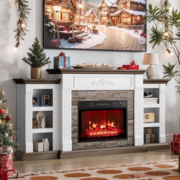 Holliwill 72" Electric Fireplace with Mantel, Farmhouse TV Stand for TVs up to 80", Entertainment Center with 23" Fireplace Insert Heater for Living Room, Bedroom, White Brown