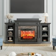 Relefree 72" Electric Fireplace with Mantel, Farmhouse TV Stand for TVs up to 80", Entertainment Center with 23" Red Brick Fireplace Insert Heater for Living Room, Bedroom, Black