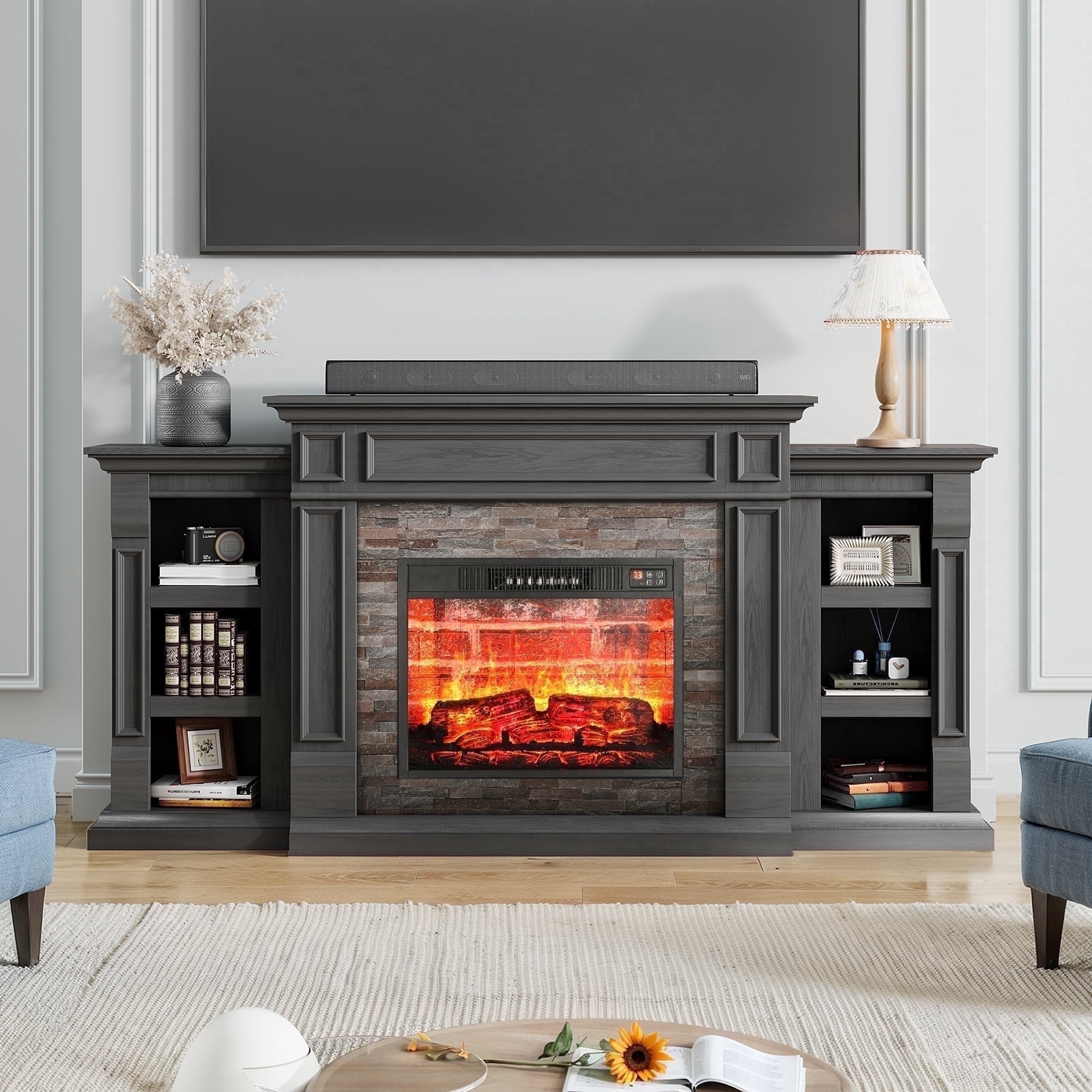 Holliwill 72" Electric Fireplace with Mantel, Farmhouse TV Stand for TVs up to 80", Entertainment Center with 23" Red Brick Fireplace Insert Heater for Living Room, Bedroom, Black