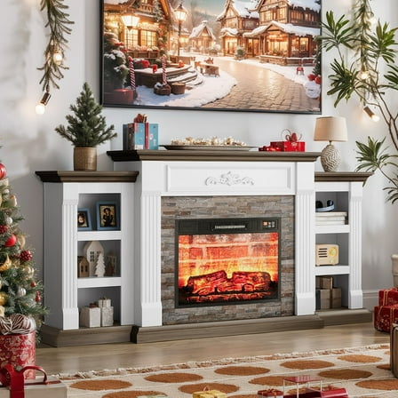 Holliwill 72" Electric Fireplace with Mantel, Farmhouse TV Stand for TVs up to 80", White Entertainment Center with 23" Fireplace Insert Heater for Living Room, Bedroom