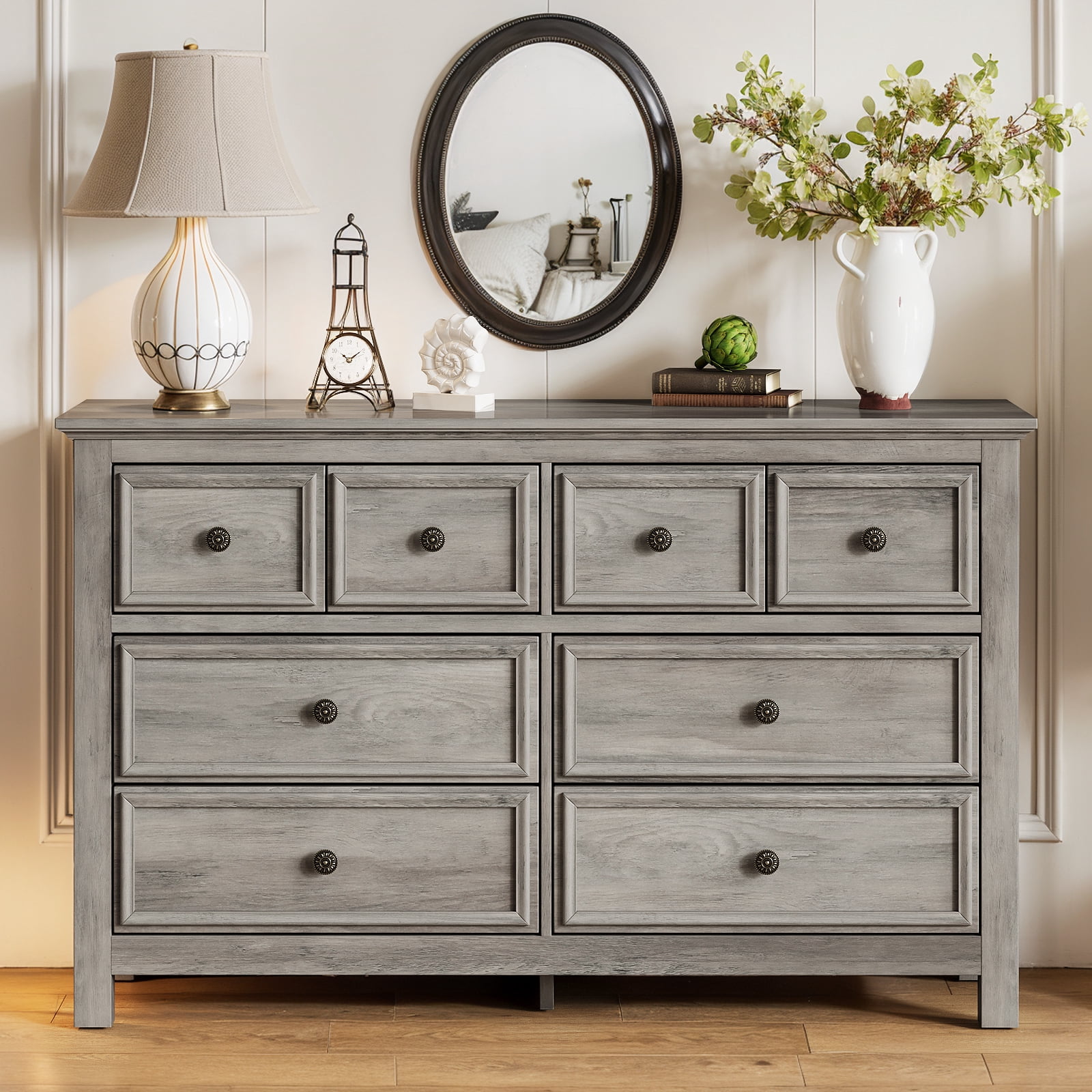 Holliwill 8 Drawers Dresser for Bedroom, Farmhouse Long Dresser Wood Chest  of Drawers for Living Room, Entryway, Hallway, Gray