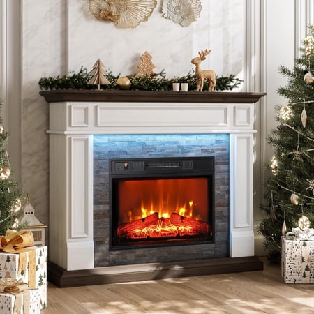 Holliwill Electric Fireplace Mantel, 44" Freestanding Fireplace Heater with LED Lights, Infrared Quartz Heater, 1400W, White & Brown