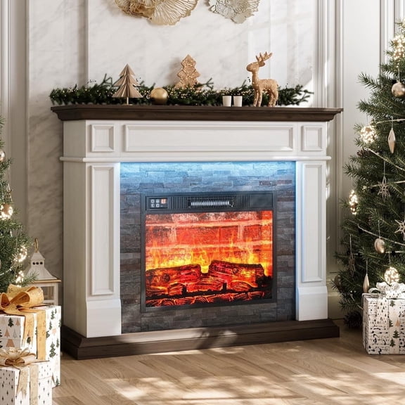 HolliWill Electric Fireplace Mantel, 44" Freestanding Fireplace Heater with LED Lights, Infrared Quartz Heater with Red Brick Background, 1400W, White & Brown