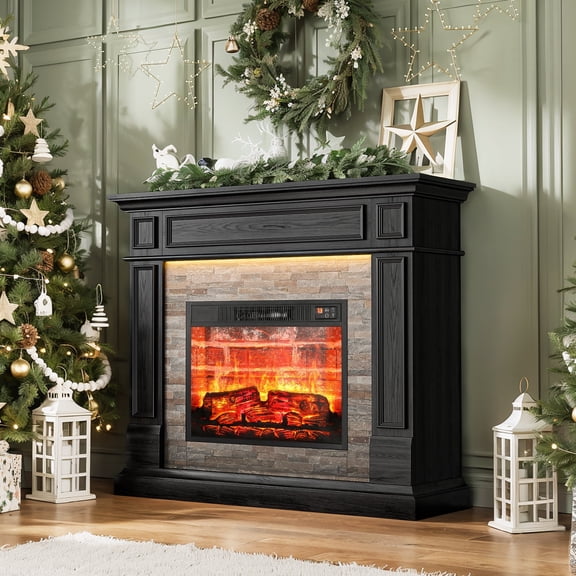 HolliWill Electric Fireplace Mantel, 44" Freestanding Fireplace Heater with LED Lights, Infrared Quartz Heater with Red Brick Background, 1400W, Black