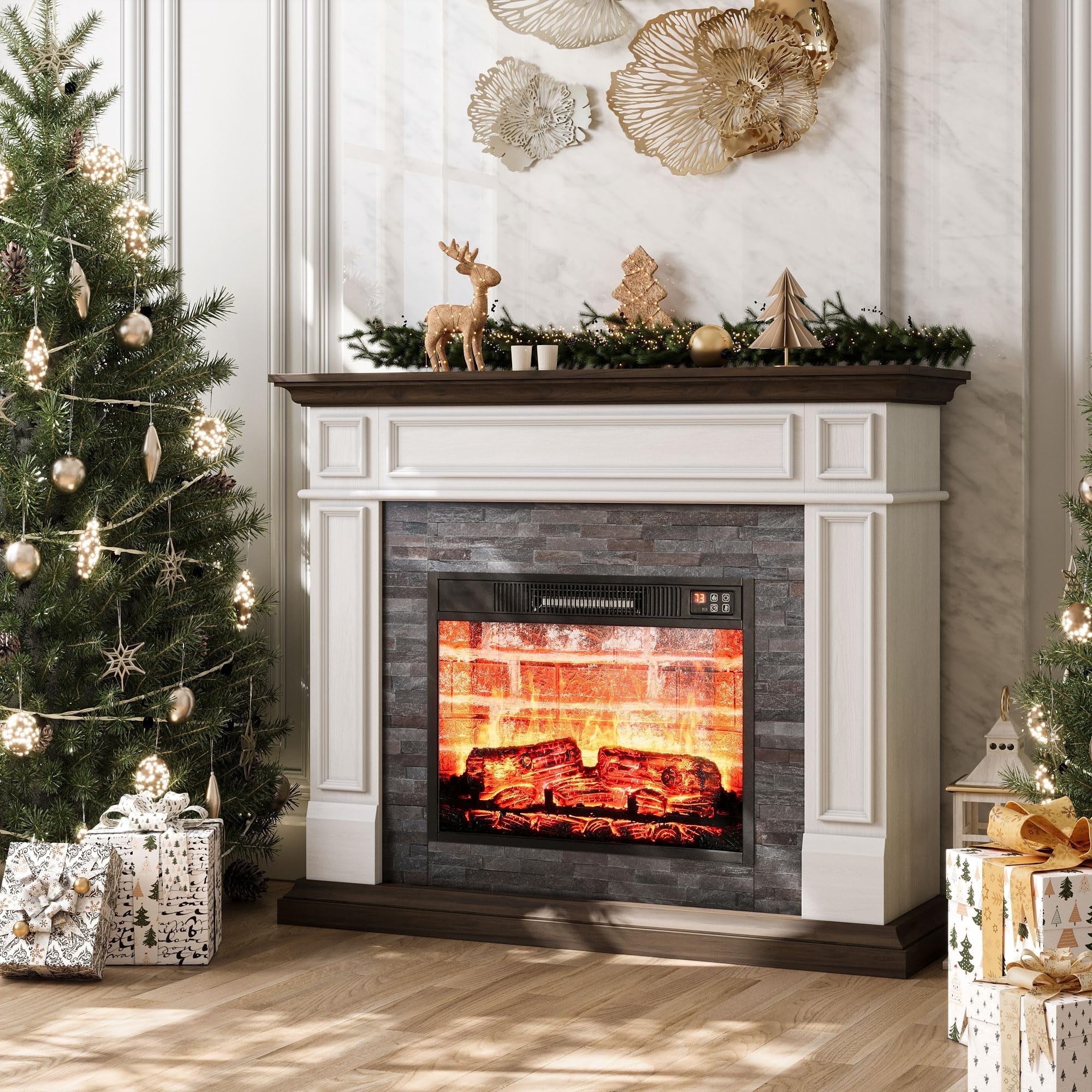 Holliwill Electric Fireplace Mantel, 44" Freestanding Fireplace Heater with Stacked Stone Surround Firebox, 1400W, White Brown