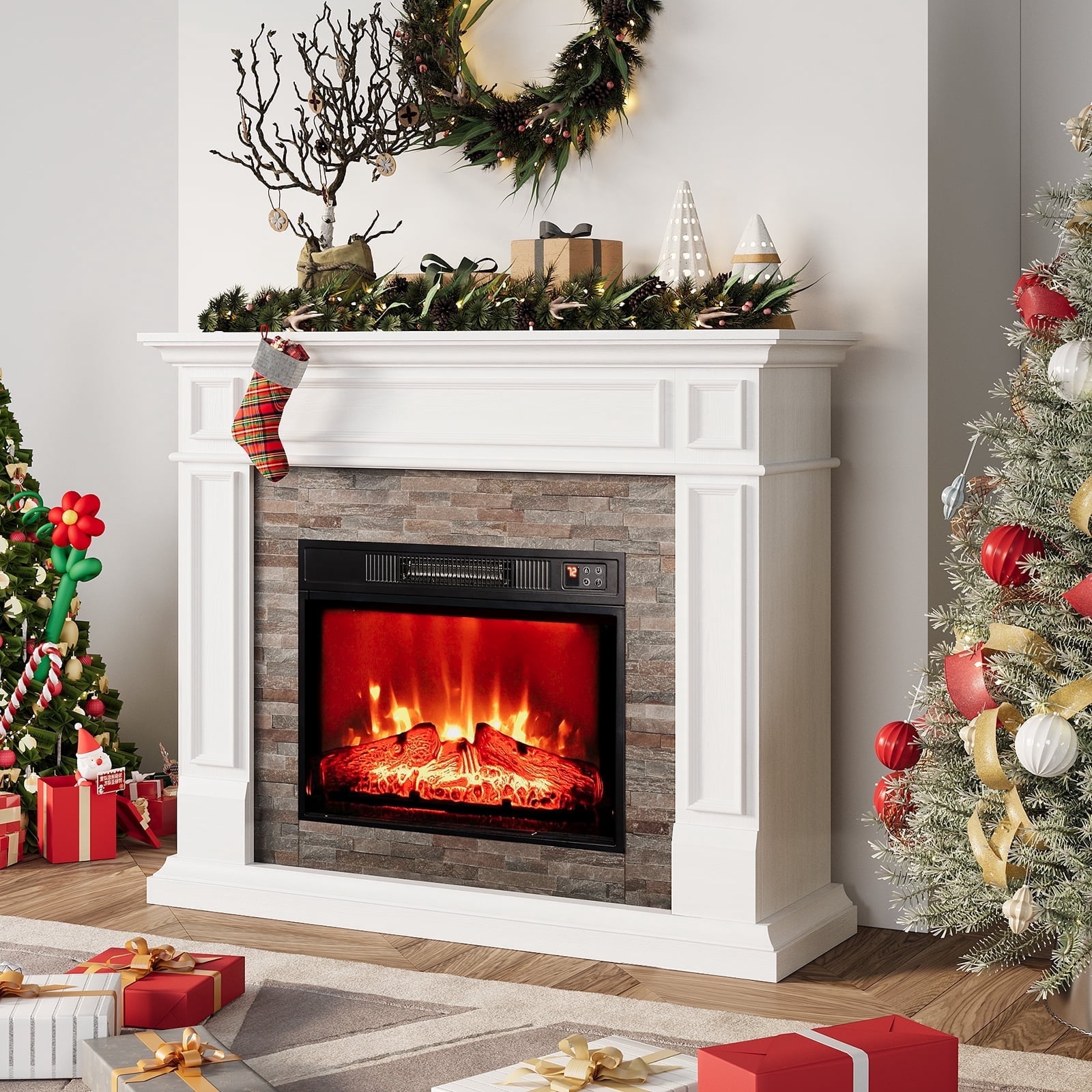 HolliWill Electric Fireplace with Mantel, Fireplace Heater with Stacked Stone Surround Firebox, Infrared Quartz Heater with Adjustable Led Flame, White