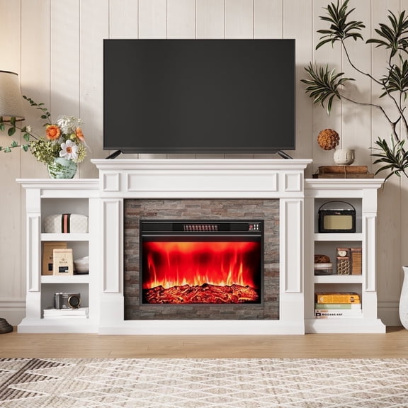 Holliwill Electric Fireplace with Mantel, 80" Farmhouse TV Stand For TVs up to 90" , White